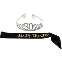 Rhinestone Queen Tiara With Dirty Thirty Satin Sash Decoration For 30Th Birthday - £16.06 GBP