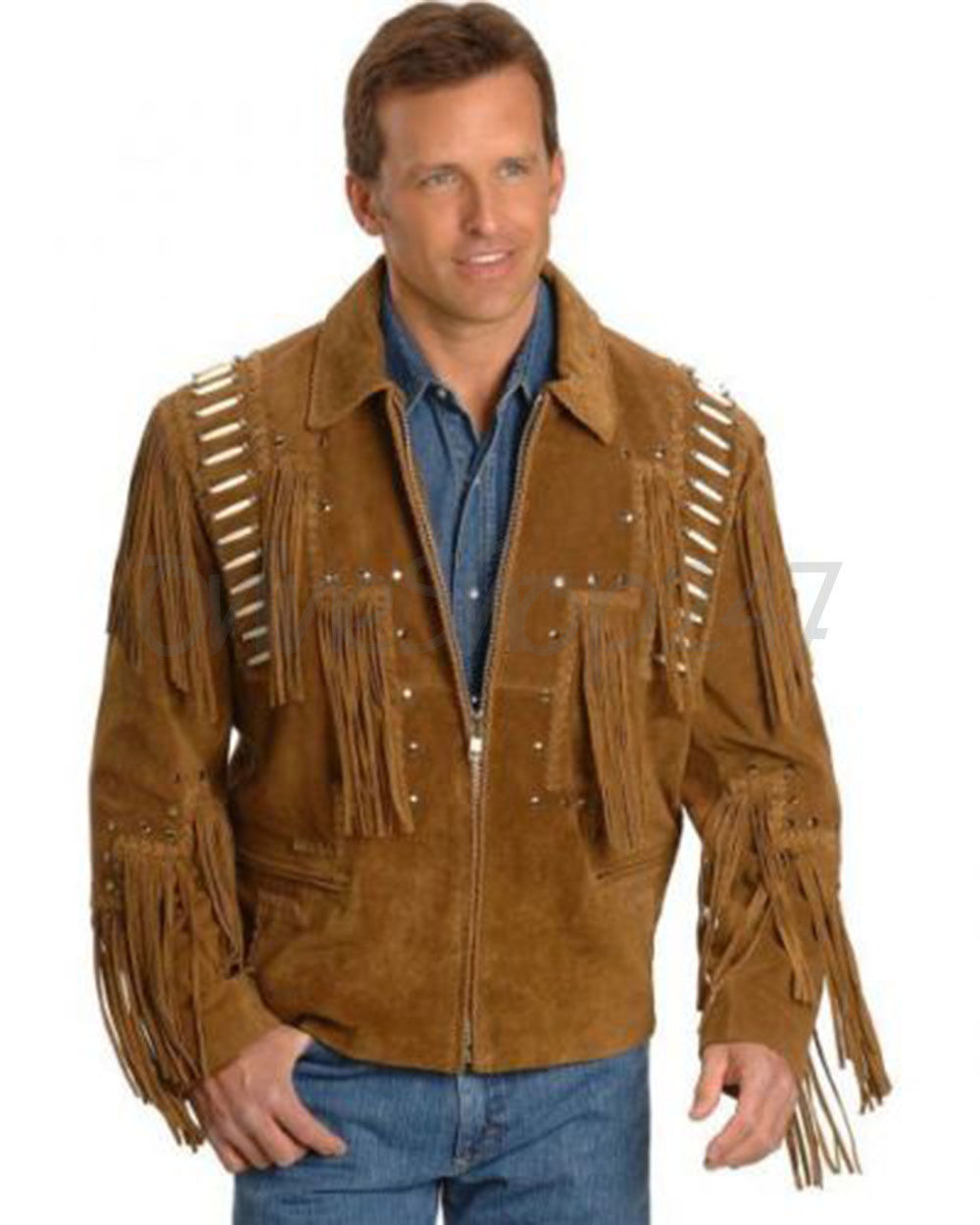 Men Handmade Scully Western Vintage Tradition Suede Leather Jacket Fringe Bone - $159.99