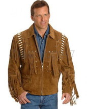 Men Handmade Scully Western Vintage Tradition Suede Leather Jacket Fringe Bone - £125.29 GBP