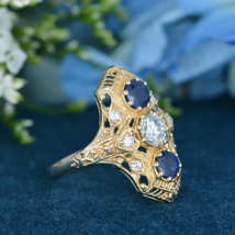 Natural Diamond and Blue Sapphire Antique Style Heart Filigree Three Stone Ring - £1,477.99 GBP
