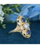 Natural Diamond and Blue Sapphire Antique Style Heart Filigree Three Sto... - £1,449.25 GBP