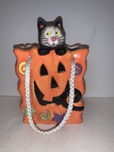 Halloween Decor Ceramic Planter Decoration Cat In Treat Or Treat Bag 6” - $16.82