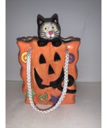 Halloween Decor Ceramic Planter Decoration Cat In Treat Or Treat Bag 6” - £13.18 GBP