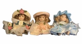 Lot Of 3 Ceramic Bisque 3 inch Jointed Dolls W/ Vintage Dresses &amp; Hats - £28.37 GBP