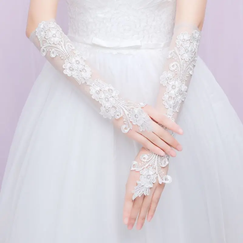 Play Elegant Sweet Embroidery Floral Lace Fingerless Long Gloves Sheer Mesh Wedd - £23.17 GBP