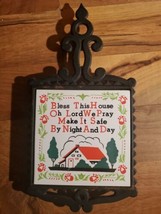 Vintage Cast Iron &amp; Ceramic Tile Hanging Trivet &quot;Bless This House&quot; Praye... - $18.80
