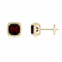 Natural Garnet Cushion Earrings with Diamond Halo in 14K Gold (Grade-A , 6MM) - £358.92 GBP