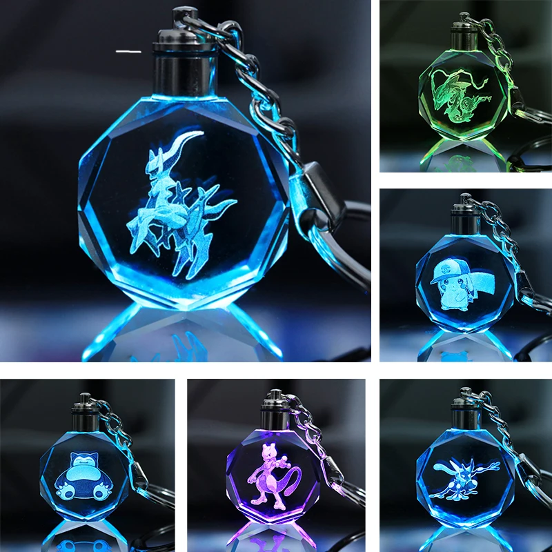 Anime Pokemon Crystal Lamp Keychain for Boys Cartoon Figure Pikachu Bulbasaur - £12.62 GBP