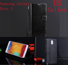 Black Real Leather Flip Wallet Case Cover For Samsung Galaxy Note 3 - £14.06 GBP