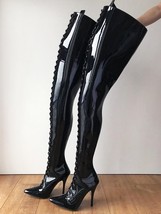 Crotch Hard Shaft Laceup Boots Stiletto Black Patent Leather Pointed Toe Shaft 9 - £205.11 GBP