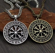 Mens Norse Viking Rune Vegvisir Compass Pendant Necklace Braided Chain 24&quot; - £9.56 GBP