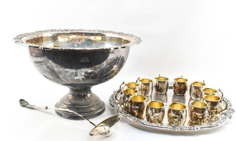 Primary image for 15 Piece Vintage Silverplate Punch Bowl Dipper 12 Cups F. B. Rogers Silver Co