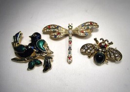 Vintage Bug Insect Bird Brooch Lot Gold Toned Enameled Rhinestone C3702 - £39.42 GBP