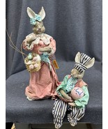 Vintage Fabric Mache Resin Spring Easter Bunny Couple W/ Original Tags - £11.06 GBP