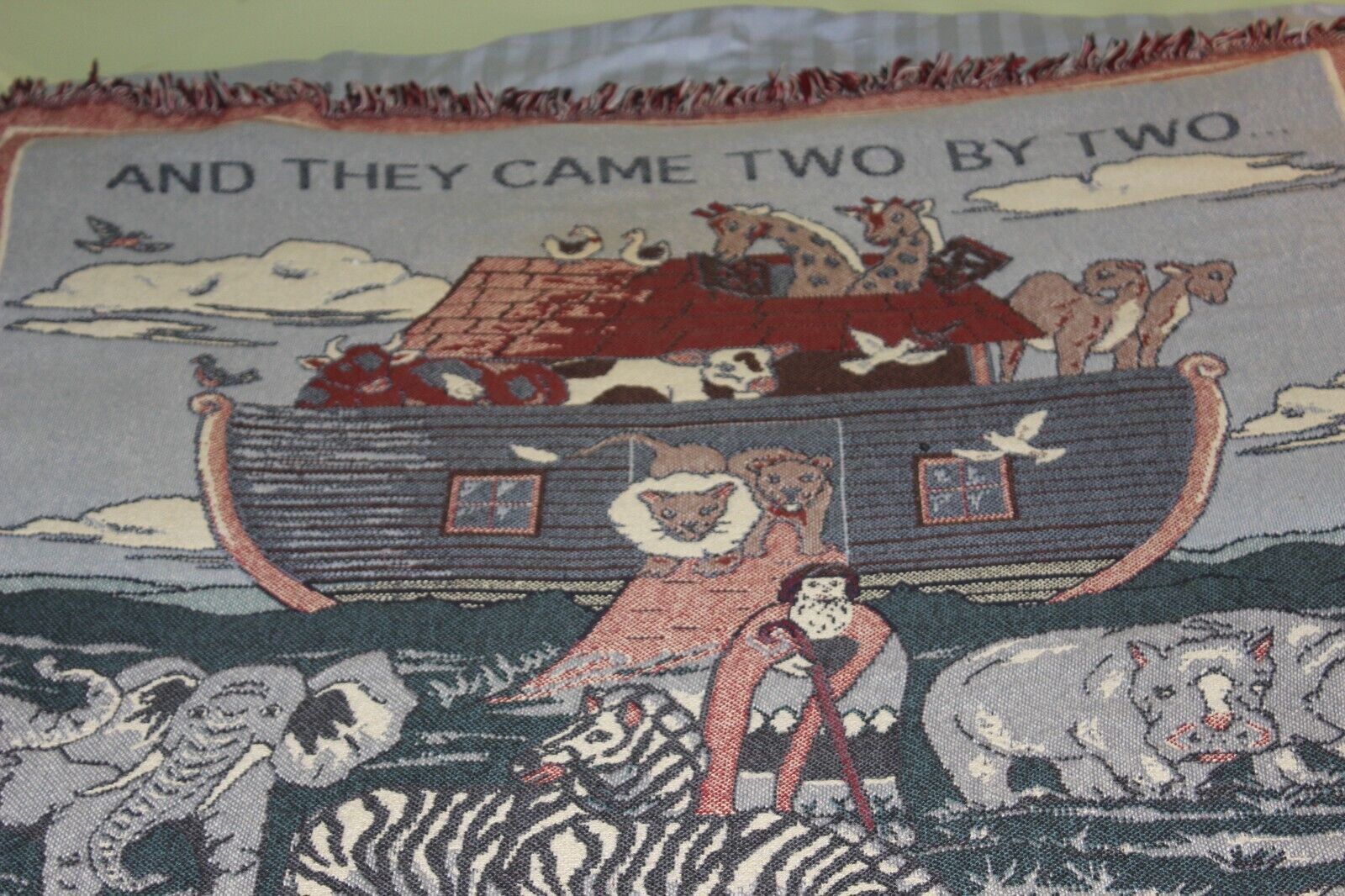VIntage  Blanket Noah's Ark Animal Tapestry Throw 71x50 Christian 1994 Hand Done - $27.69