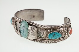 Vintage Kenny Jack Navajo Turquoise &amp; Coral Sterling Silver Cuff Bracele... - £391.12 GBP
