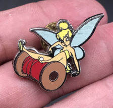 Tinker Bell on a Sewing Thread Spool Spindle Disney Enamel Pin 1&quot; x 1 1/4&quot; - £7.49 GBP