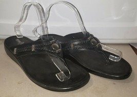 MINNETONKA Mocassins Black Leather Slide On Silverthorne Thong Sandals S... - £14.50 GBP