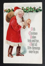 With Christmas Wishes Kind and True Santa Holly Embossed Antique Postcard c1910s - £6.00 GBP