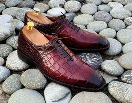 Handmade Men Burgundy Alligator Textured Leather Lace Up Shoes, Men Dress Shoes - £108.43 GBP