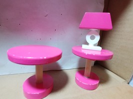 Wooden Dollhouse Furniture 2 Coffee Tables and 1 Lamp Hot Pink &amp; White  - ₹841.14 INR