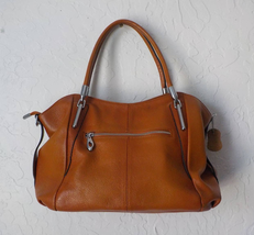 Heshe Caramel Brown Leather Purse Zip Up Top Handle Satin Lined Shoulder... - $28.07