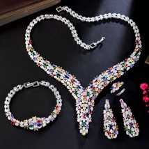 Magnificent 4Pcs Multicolor Cubic Zirconia Long Drop Earrings Necklace White Gol - £70.06 GBP
