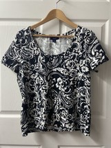 Ralph Lauren Chaps T-shirt Womens Large Black White Floral Round Neck Ca... - $13.74