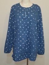 Lands End Tunic Shirt XL 18 Blue White Floral Print Keyhole Neckline Lace Detail - £13.94 GBP