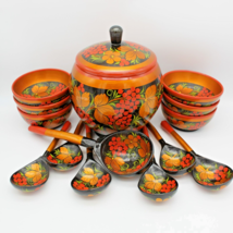 USSR Khokhloma Soup Set Tureen w/ Lid Ladle 6 Bowls &amp; 6 Spoons Vintage Folk Art - £158.96 GBP