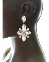 3.5&quot; Long Clear Glass Crystals Clip On Statement Earring Costume Jewelry - £15.02 GBP