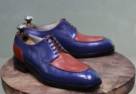 Men&#39;s New Handmade Leather Shoes Two Tone Blue Leather &amp; Textured Leather  - £121.93 GBP