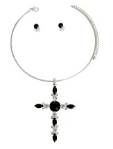 Women Silver Marquise Black Crystal Collar Choker Cross Fashion Necklace Set - £36.14 GBP