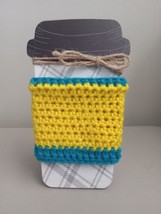 Handmade Crocheted Coffee Cup Cozy/Sleeve-New-Teal &amp; Yellow-Makes A Grea... - £7.86 GBP