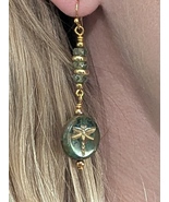 Dragonfly Czech Glass Dangle Earrings – Green &amp; Gold Boho Drops - $15.00