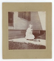 Antique 1900&#39;s Small Cabinet Card Adorable Little Girl Laughing Outside House - £7.47 GBP
