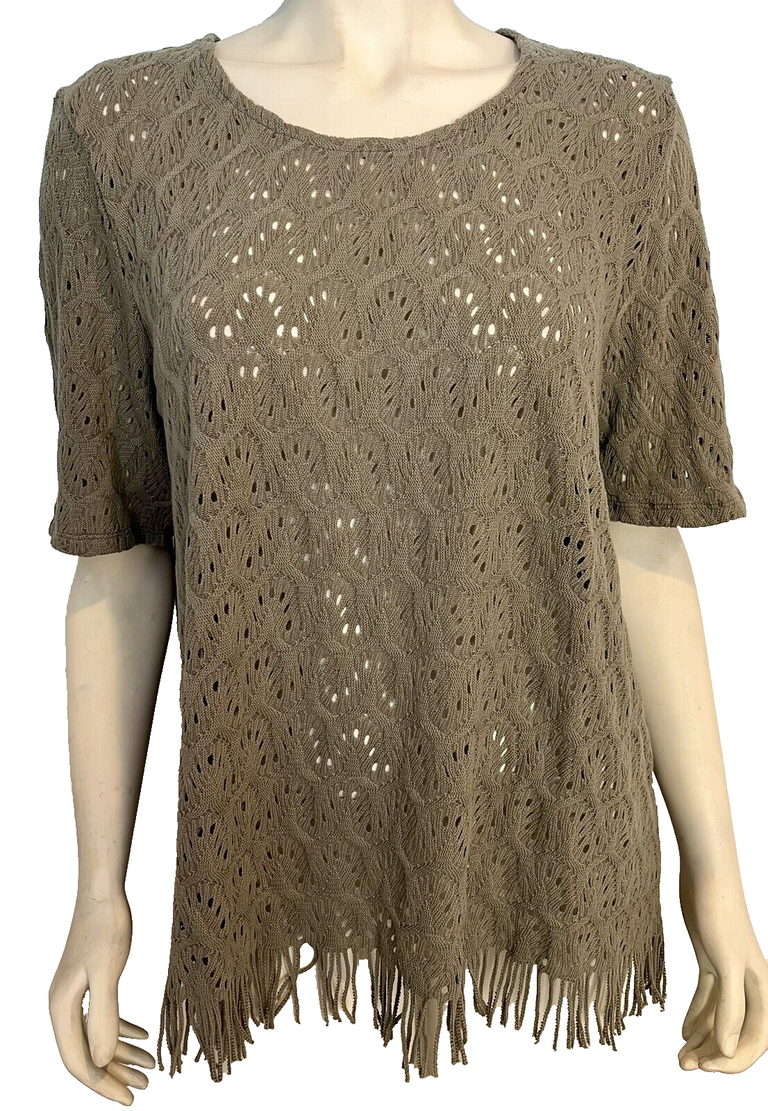 NWT Chico&#39;s Green Crochet Short Sleeve Fringed Hem Tunic Size XL - $14.24