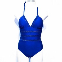 Women&#39;s Small Blue Padded One Piece Swimsuit Peekaboo Middle, Halter Strap - £12.16 GBP