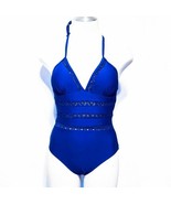 Women&#39;s Small Blue Padded One Piece Swimsuit Peekaboo Middle, Halter Strap - £12.08 GBP