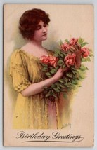 Pretty Woman in Yellow w/ Roses Birthday Greetings Artist Bulkeley Postcard G28 - £7.82 GBP