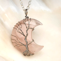Tree of life Rose Quartz Moon Pendant 20&quot; Necklace Crescent Wire Wrap Jewellery - £6.91 GBP