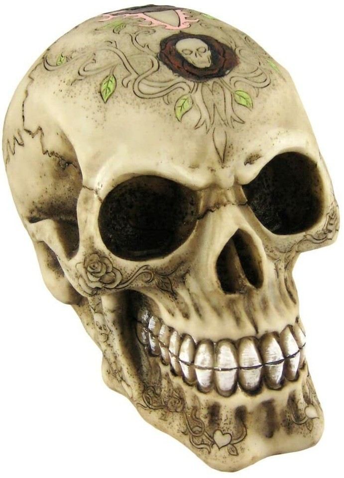 Tattoo Dagger And Roses Human Skull Statue Figurine 6.25&quot;L Resin Skeleto... - $20.99