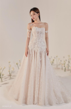 Romantic A-Line Straight Neckline Low Waist Bridal Gown Soft Ivory Flora... - $488.00