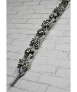 Aqua Flower Silver Barrel Grey Satin Cord Keychain Purse Charm Handmade New - $18.80