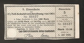 Germany 5. Zinsschein Lech Elektrizitatswerke AG Coupon Kupon 1921 - 192... - $7.99