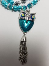 Teal/Aqua Owl Pendant Necklace with Teal (Blue Zircon Shimmer) Crystals - $48.00
