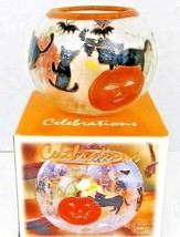 Celebrations 5th Ave Crystal Pumpkin and Black Cat Crackle Glass Votive 5&quot; IOB - £13.40 GBP