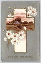 Easter Greetings Lovely Country Cottage In Gilded Cross &amp; Daisies Postcard L30 - $5.95