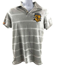 Superdry Polo Shirt Men L Grey White Striped Embroidered Patch Shield - $12.86