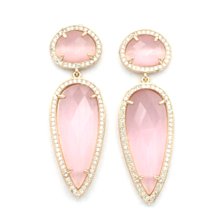 FACETED pink glass drop earrings - 2&quot; rose gold-tone pavé rhinestone halo dangle - £13.90 GBP